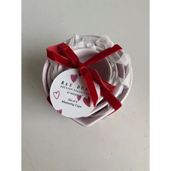 Set Of 4 Rae Dunn VALENTINE PINK Measuring Cups With Heart Cutout Ceramic NEW - Picture 7 of 9